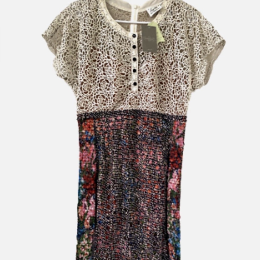 Byron Lars Multicolor Lace Bodice Floral Knit Dress - Cream, Pink, Blue